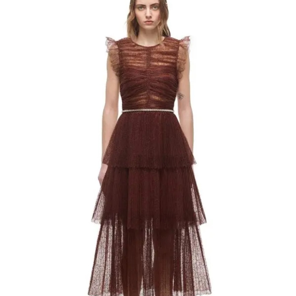 Self-Portrait Burgundy Layered Midi Dress